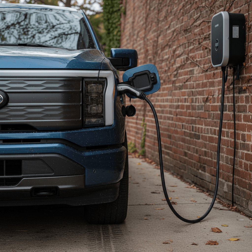 A 2022 Ford F-150 Lightning plugged into a Level 2 home charger in a suburban driveway