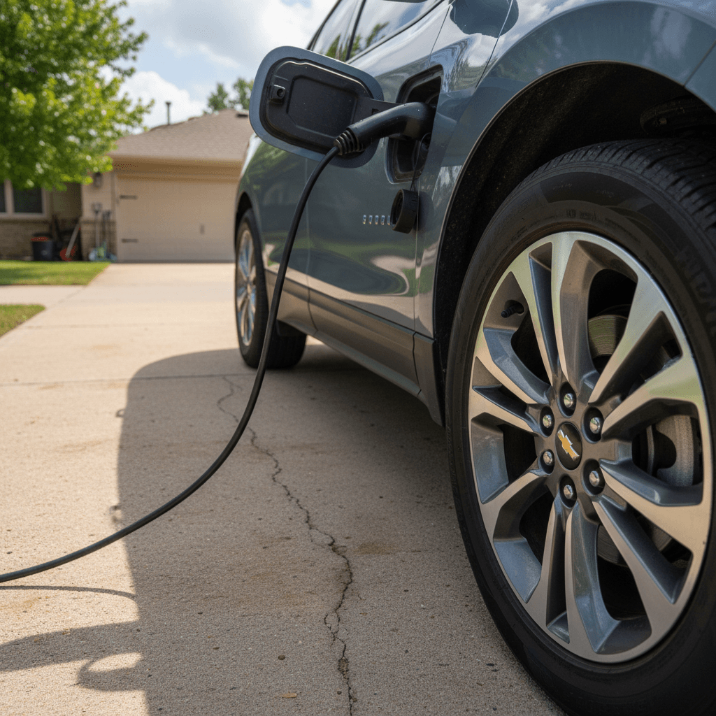 Chevrolet Equinox EV plugged into a home Level 2 charger showing close-up of charging port and wheel