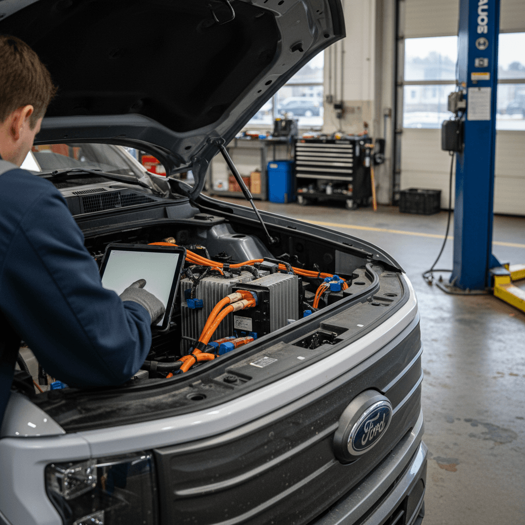 Technician inspecting a Ford F-150 Lightning’s front compartment and high-voltage components in a service bay