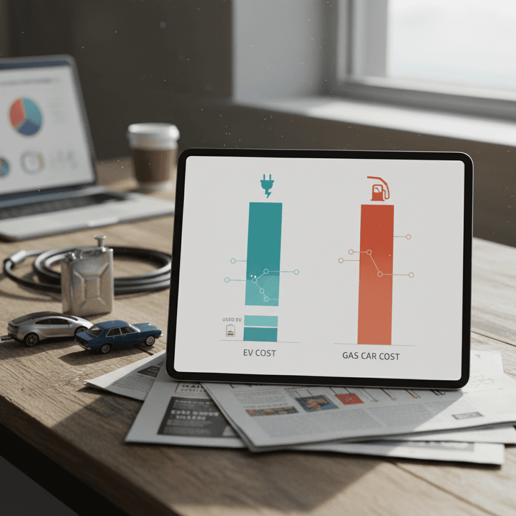 Illustration showing side-by-side comparison of electric car and gas car costs over five years