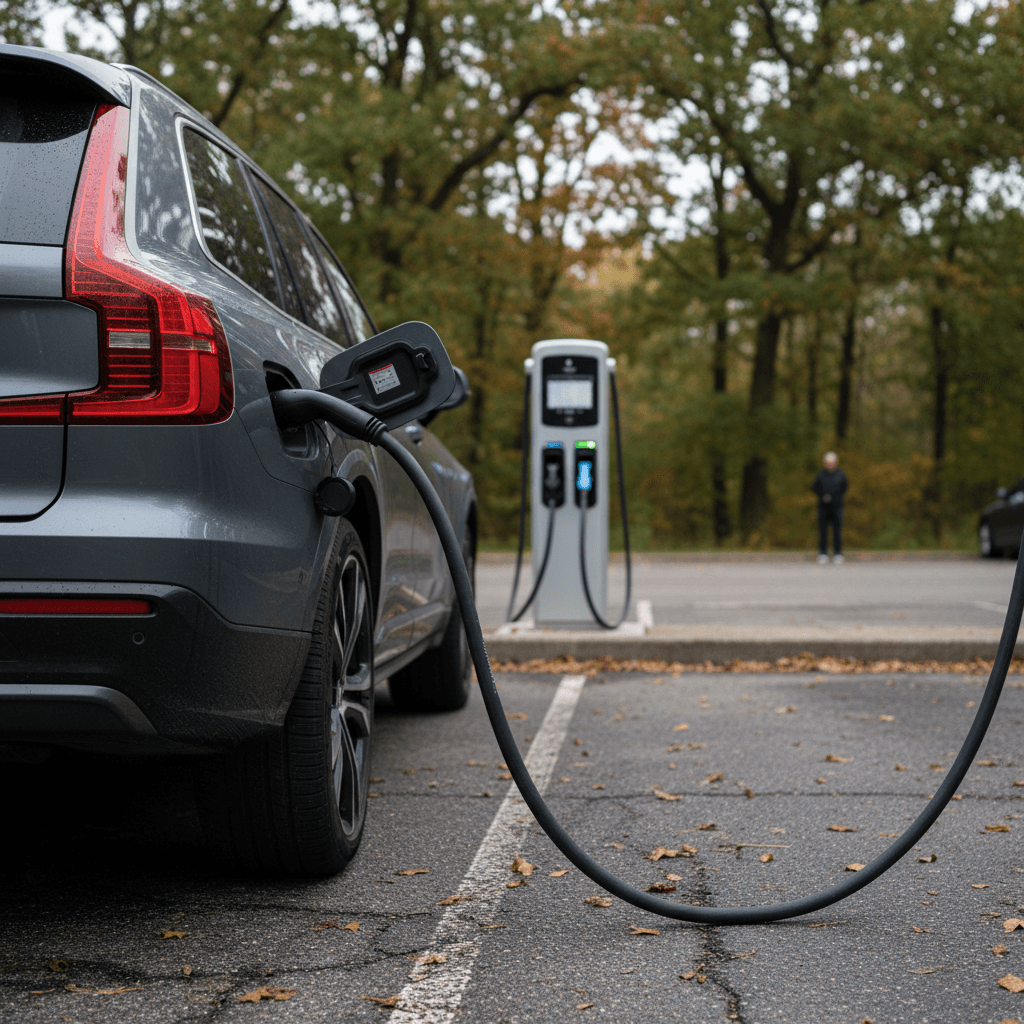 2026 Volvo EX90 fast charging at a highway rest stop with cable connected to rear quarter panel