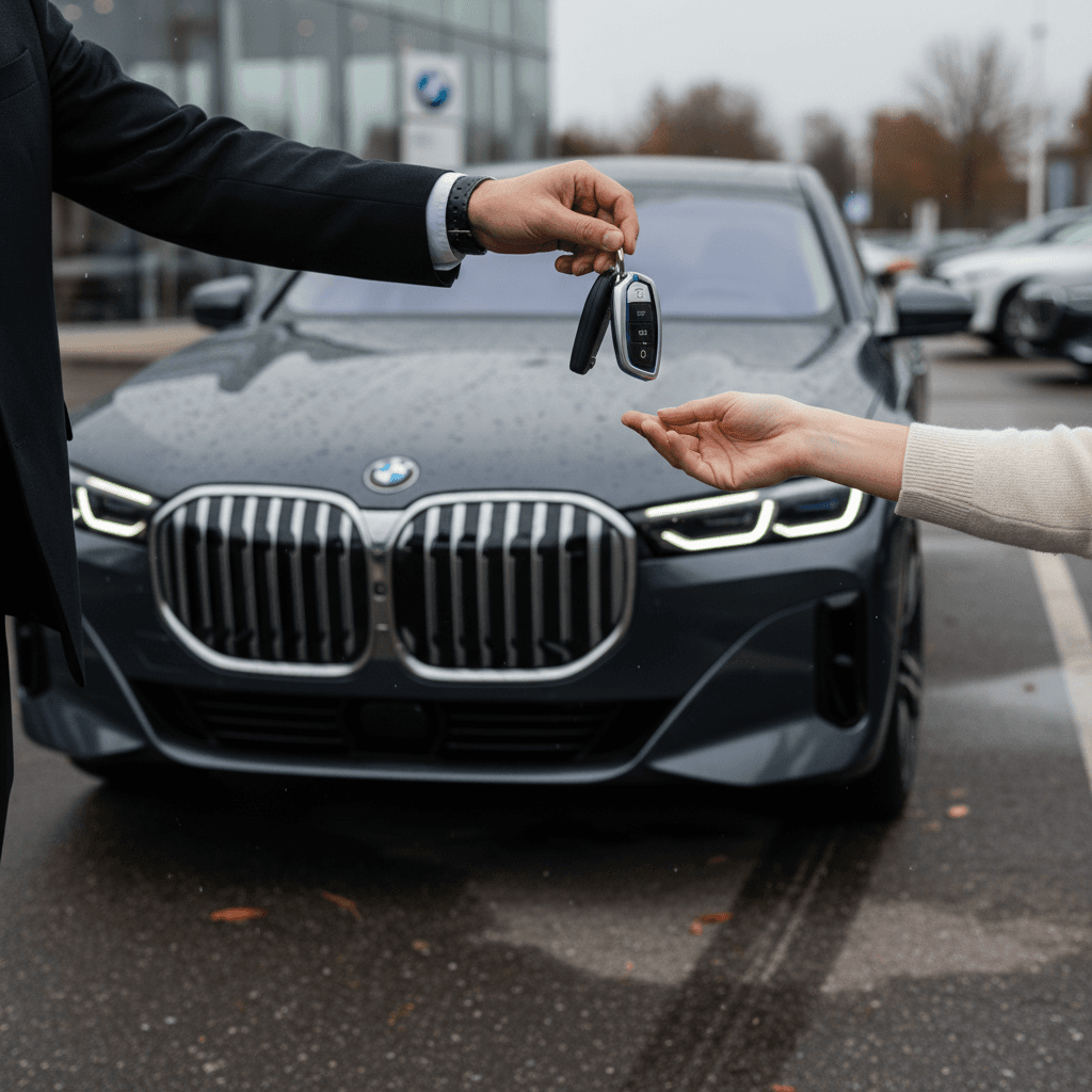 Owner handing keys of a BMW i7 electric sedan to a new buyer in a clean dealership lot