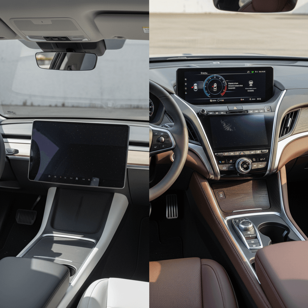 Side-by-side view of the Tesla Model Y minimalist interior next to the Acura ZDX luxury dashboard and seats