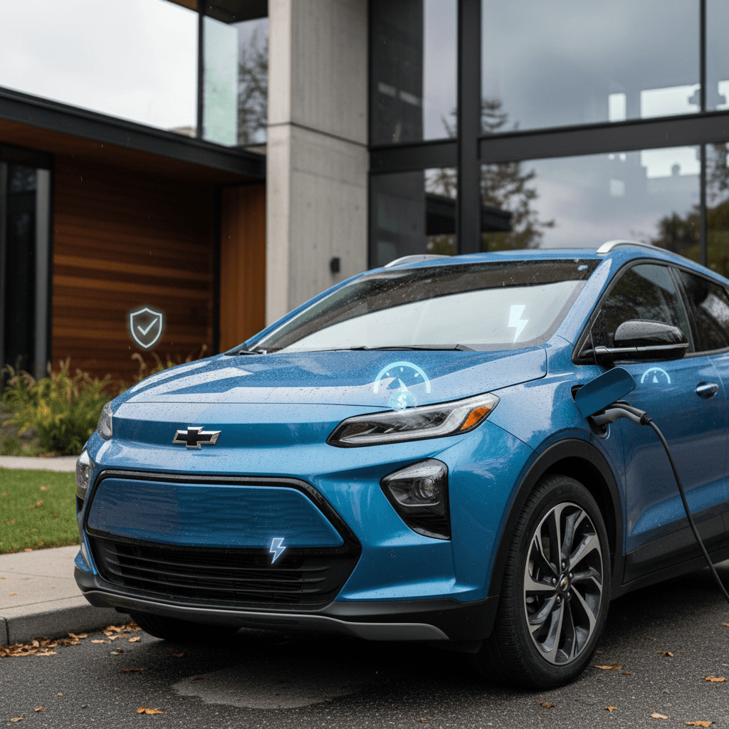 Chevrolet Bolt EUV parked in front of a modern home, representing everyday insurance and ownership costs