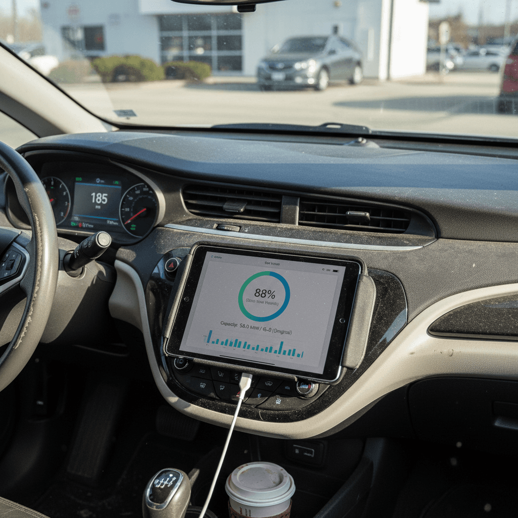 Tablet showing a detailed used EV battery health report next to an instrument cluster with remaining range displayed
