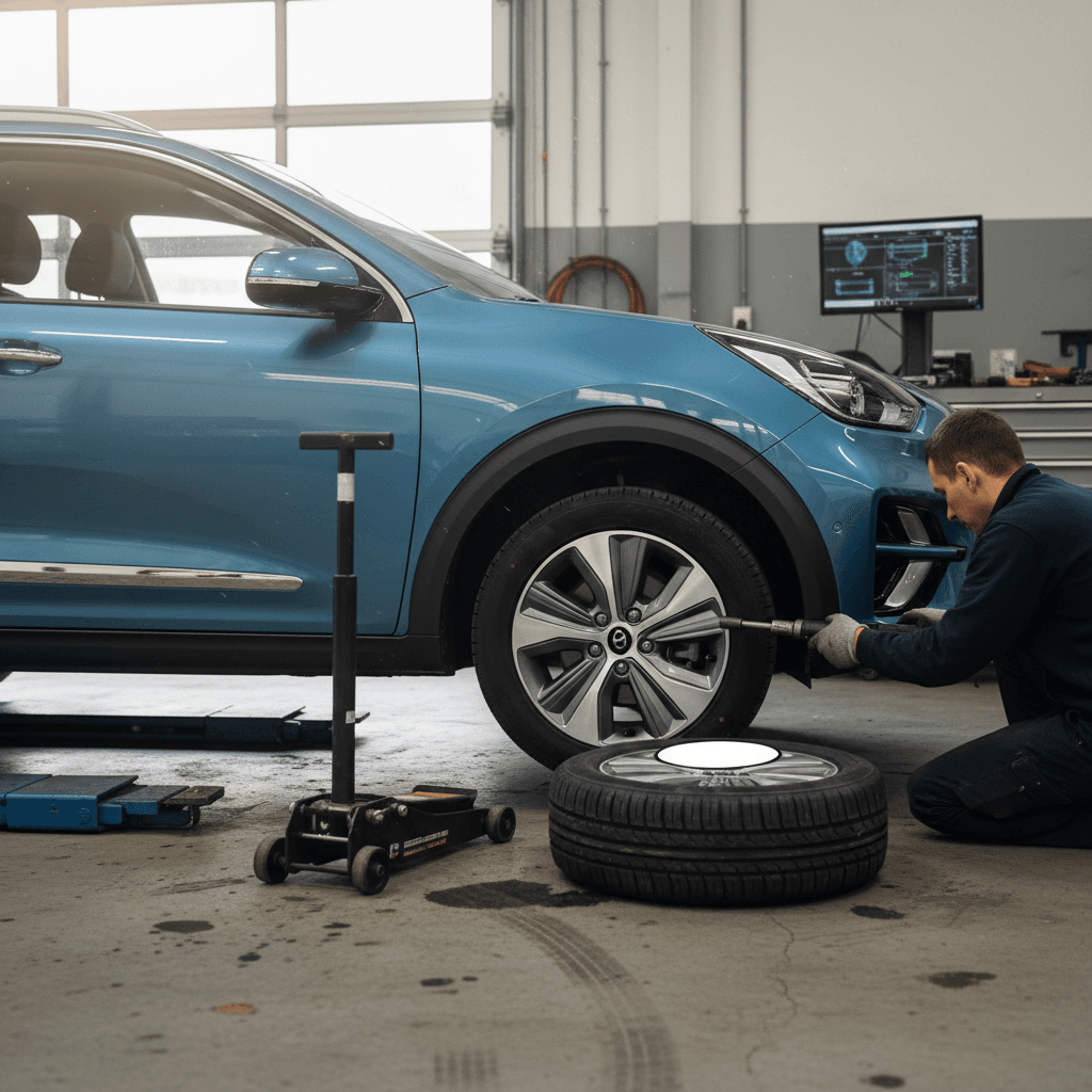 Technician rotating the tires on a Kia Niro EV in a dealership service bay