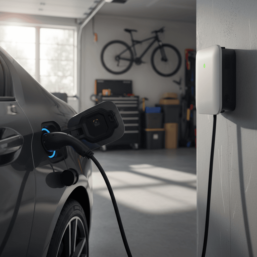 BMW i5 plugged into a tidy home wallbox charger, showcasing a clean garage and organized charging cable
