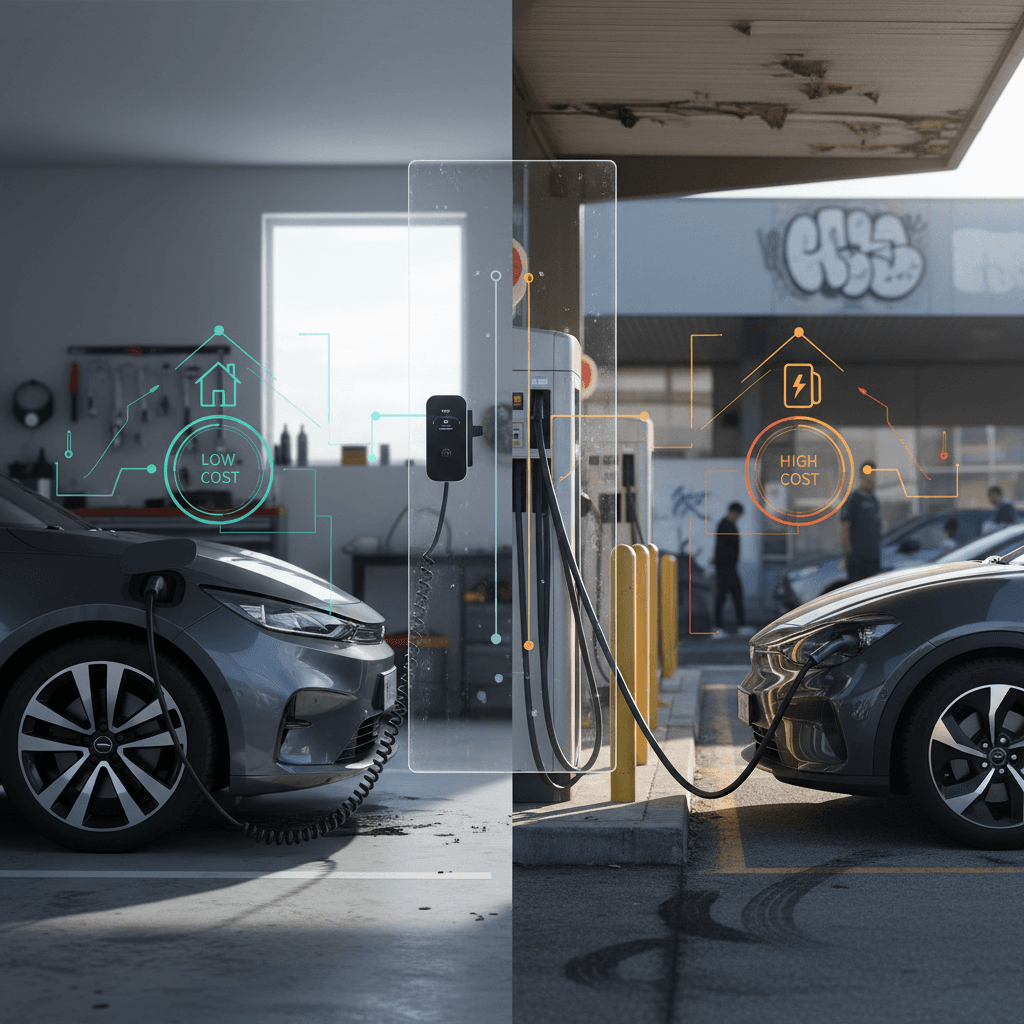 Infographic comparing home EV charging cost to public DC fast charging cost for a typical 2026 electric vehicle