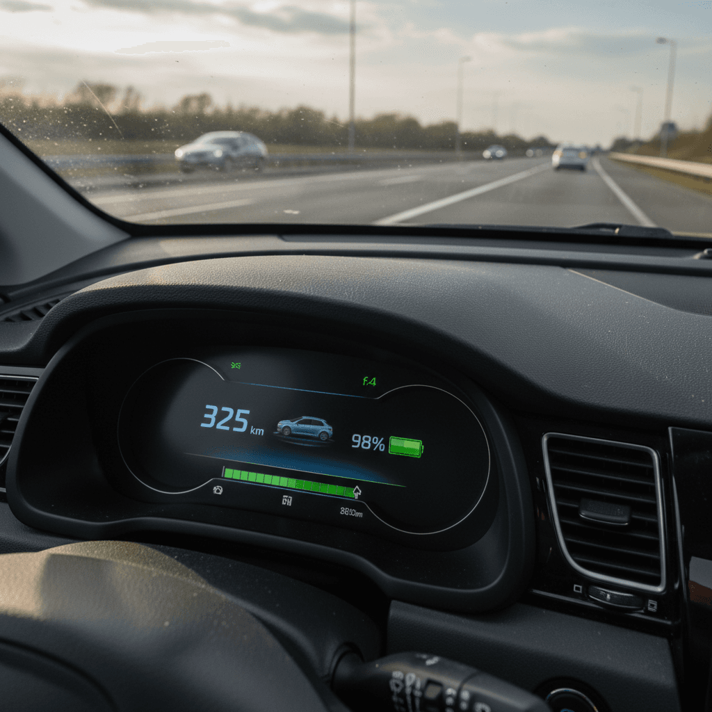 Kia Niro EV instrument cluster showing remaining battery percentage and range while cruising on the highway