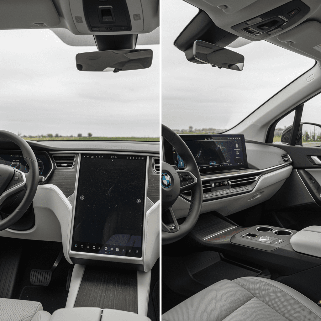 Side-by-side view of Tesla Model X and BMW iX interiors highlighting seating layout and dashboard design