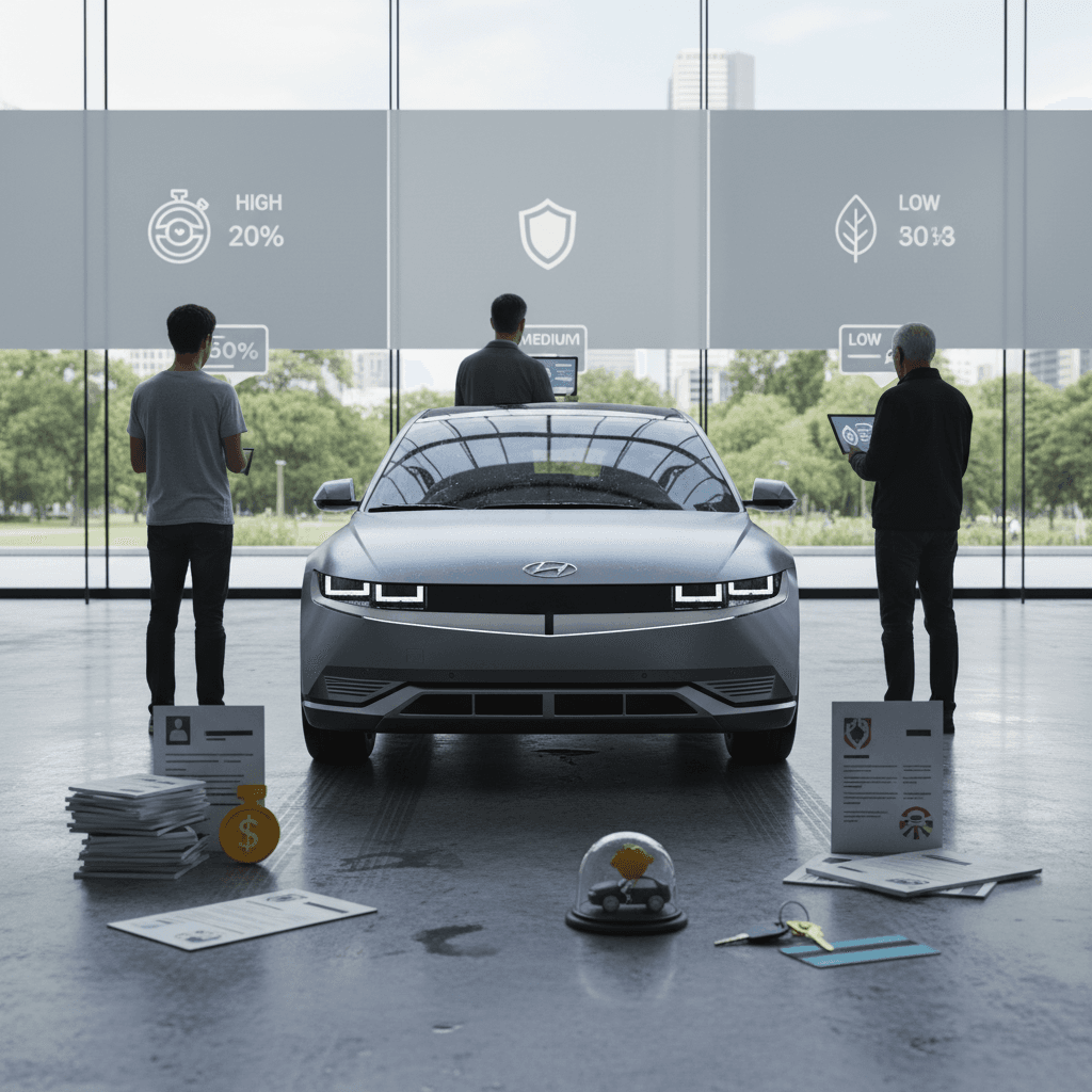 Hyundai Ioniq 5 electric SUV with safety icons and insurance documents representing strong safety ratings
