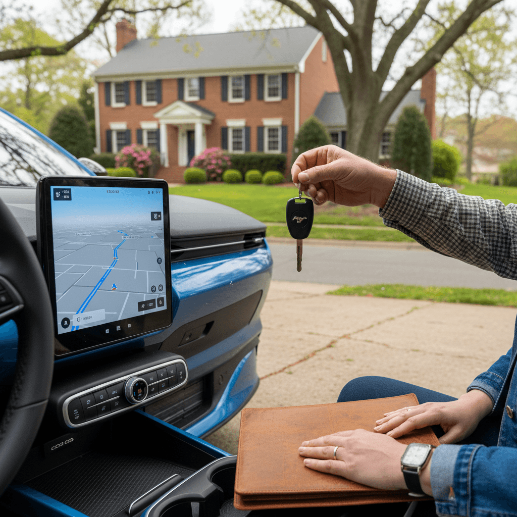 Ford Mustang Mach‑E owner handing keys to a buyer in front of a Virginia suburban home driveway