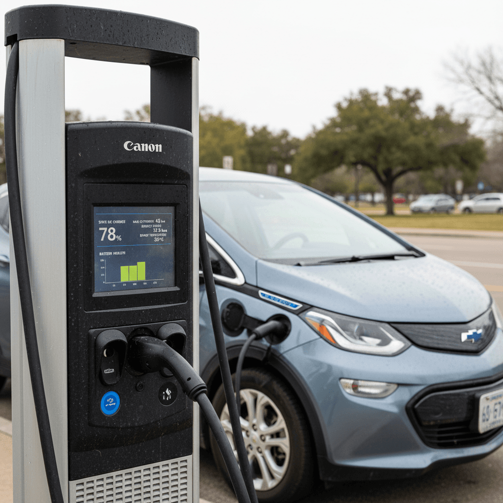 2017 Chevy Bolt EV plugged into a public DC fast charger on a cold day