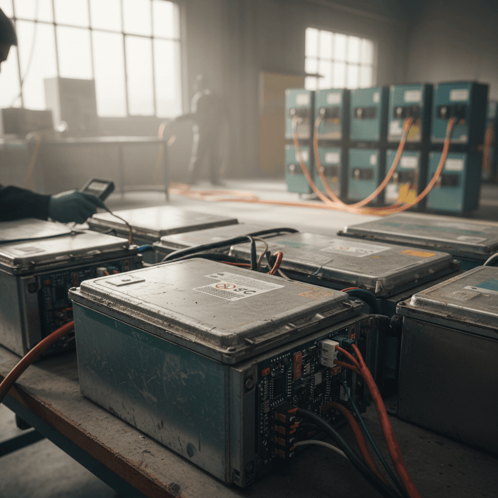 Stacked EV battery modules prepared for second life in battery storage racks