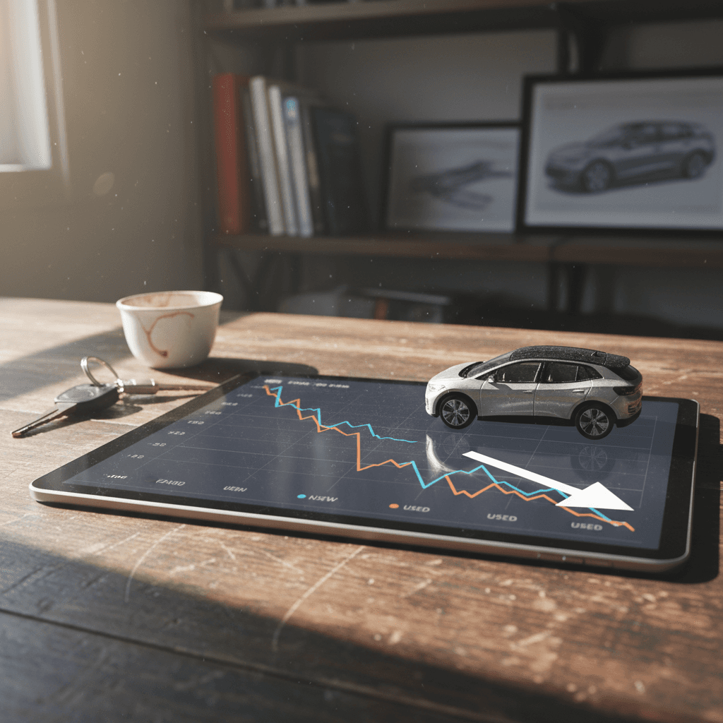Line graph illustrating falling used Volkswagen ID.4 prices over several years compared with relatively stable new pricing bands
