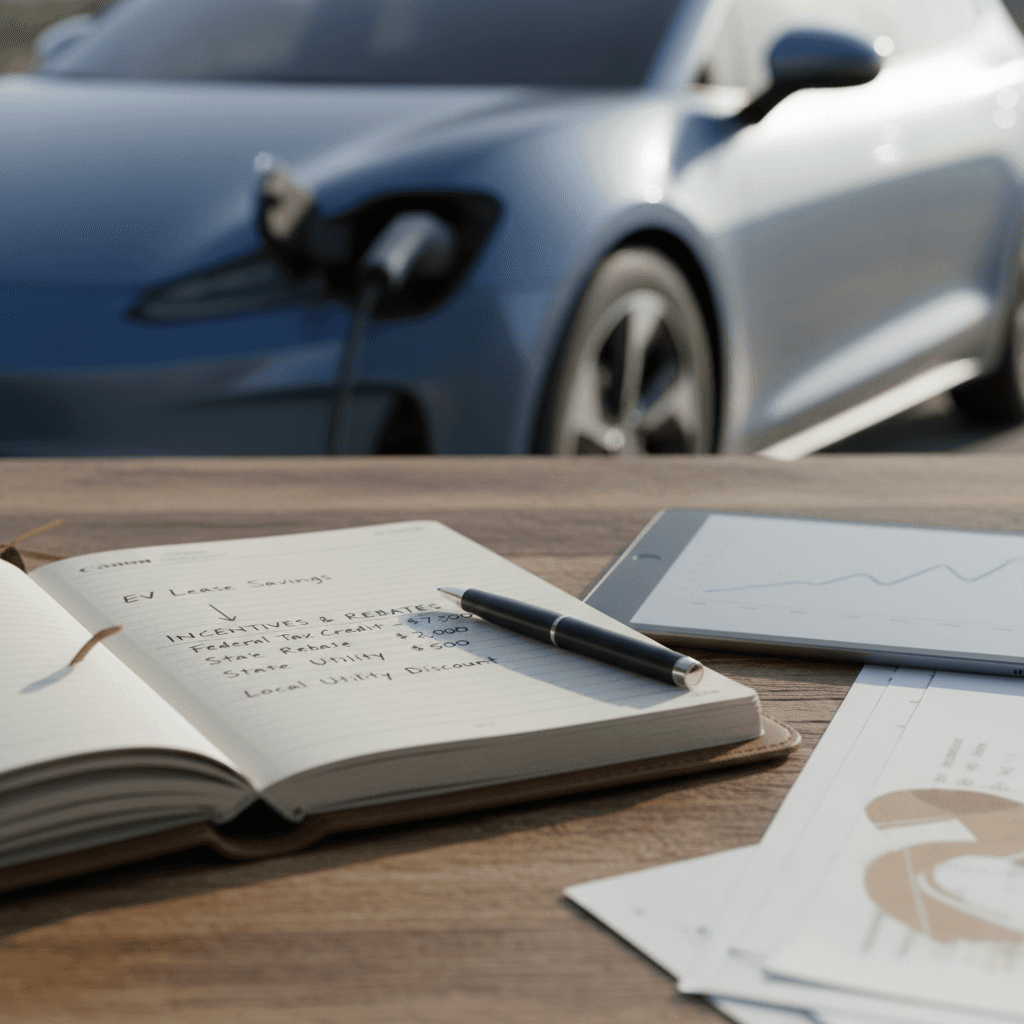 Customer reviewing an electric car lease agreement at a dealership desk
