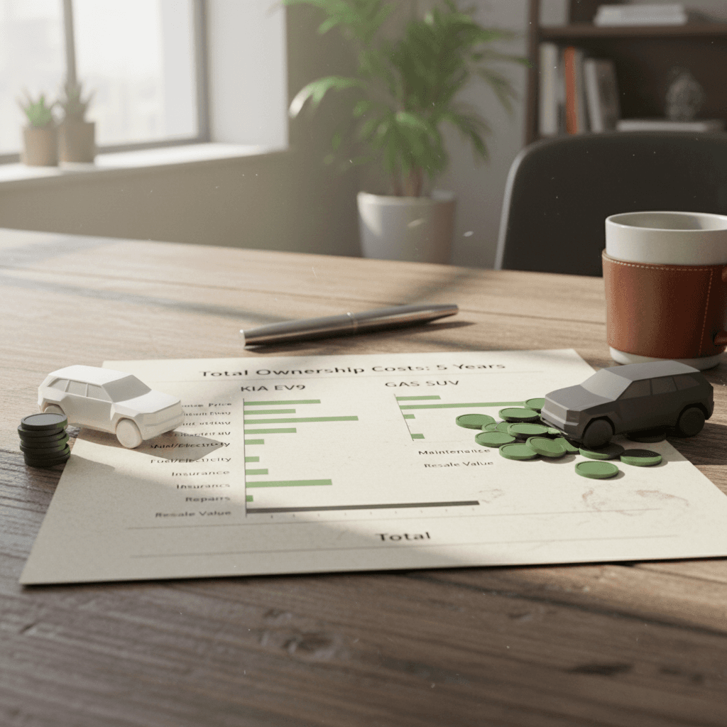 Side‑by‑side bar chart comparing five‑year total ownership costs of a Kia EV9 and a similar gas three‑row SUV