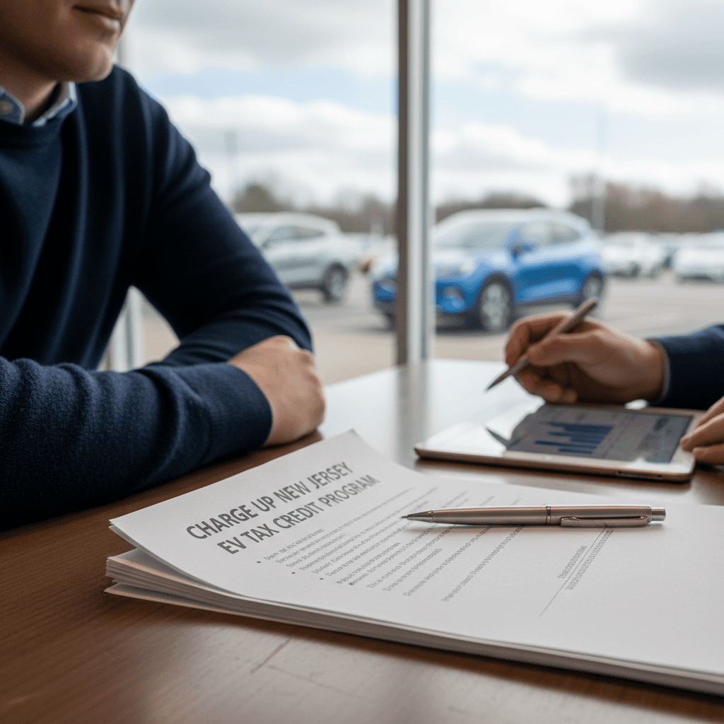 Customer at a New Jersey dealership reviewing EV purchase paperwork with the salesperson, going over incentives and monthly payments