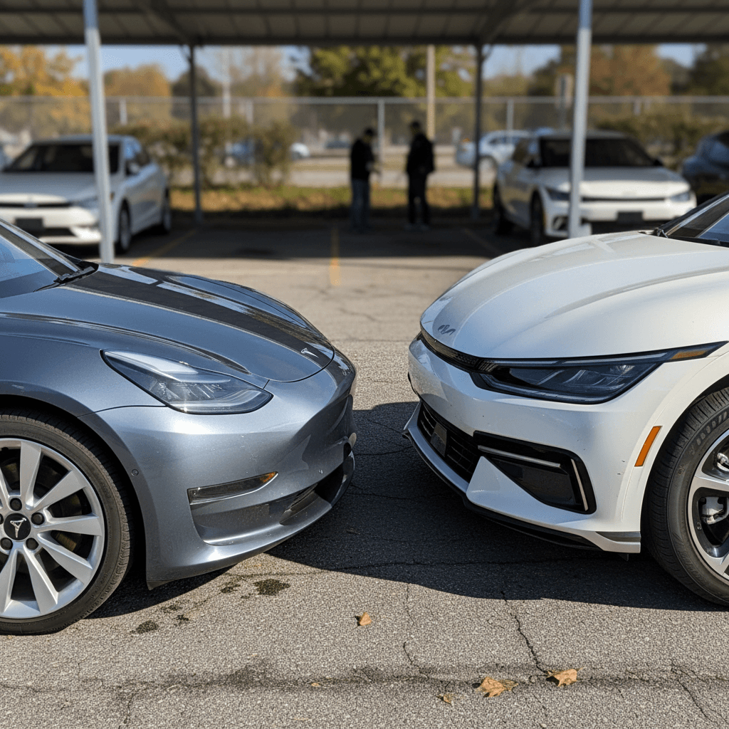 Used Tesla Model 3 sedan and Kia EV6 crossover parked side by side on a lot, highlighting differences in size and shape