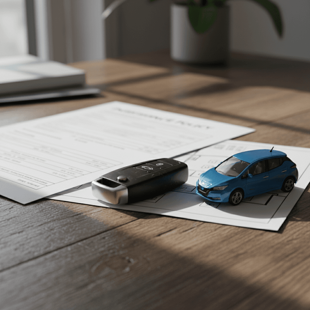 Insurance documents, car key, and small electric hatchback model on a desk illustrating Nissan Leaf insurance costs