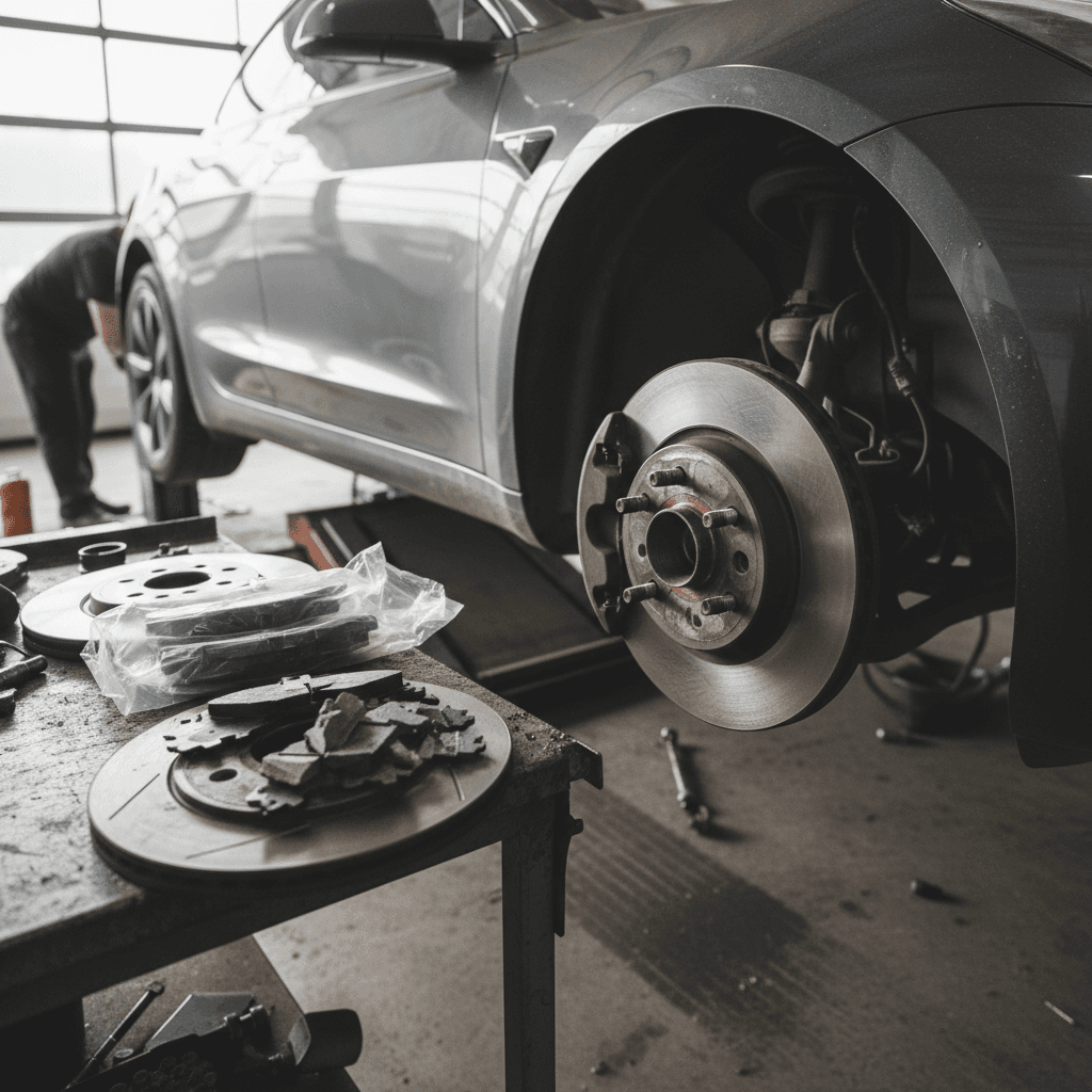 Tesla Model 3 driving on the road, highlighting the importance of brake maintenance