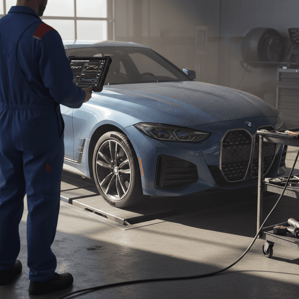 Technician checking 2022 BMW i4 battery health on a diagnostic tablet during a trade-in appraisal