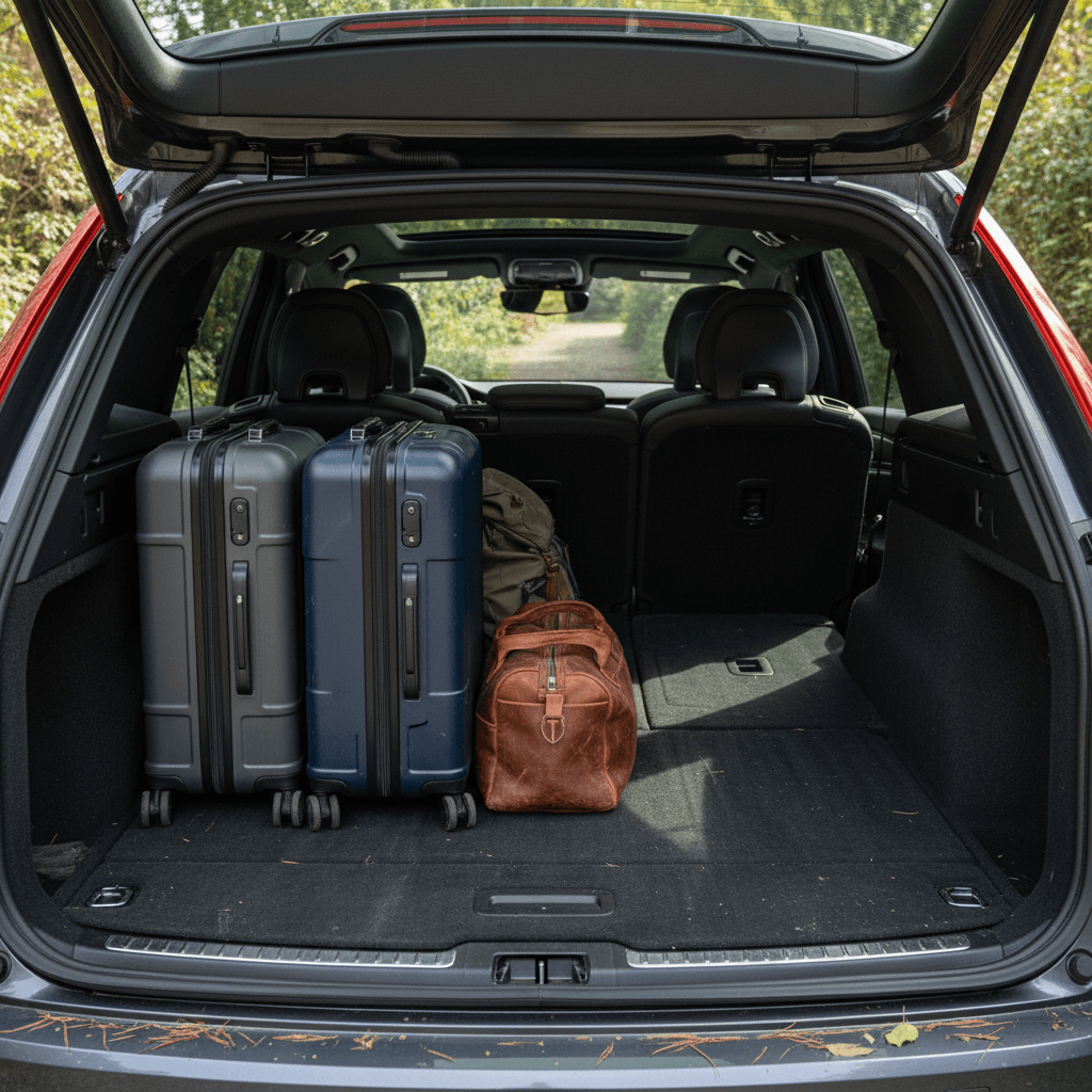 Open rear hatch of a Volvo EX90 with third row folded flat and suitcases arranged on the cargo floor