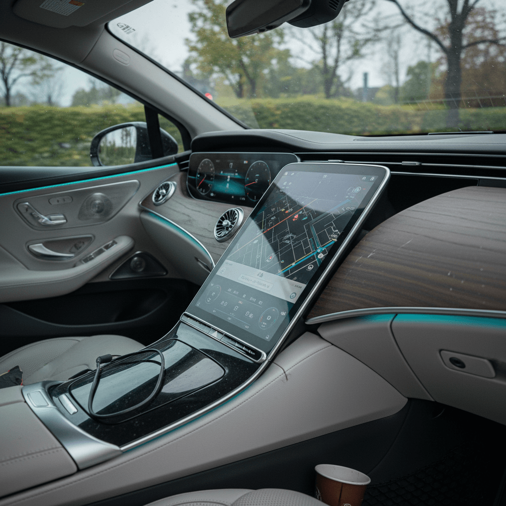 Luxurious Mercedes EQS interior with large hyperscreen and ambient lighting in a used example