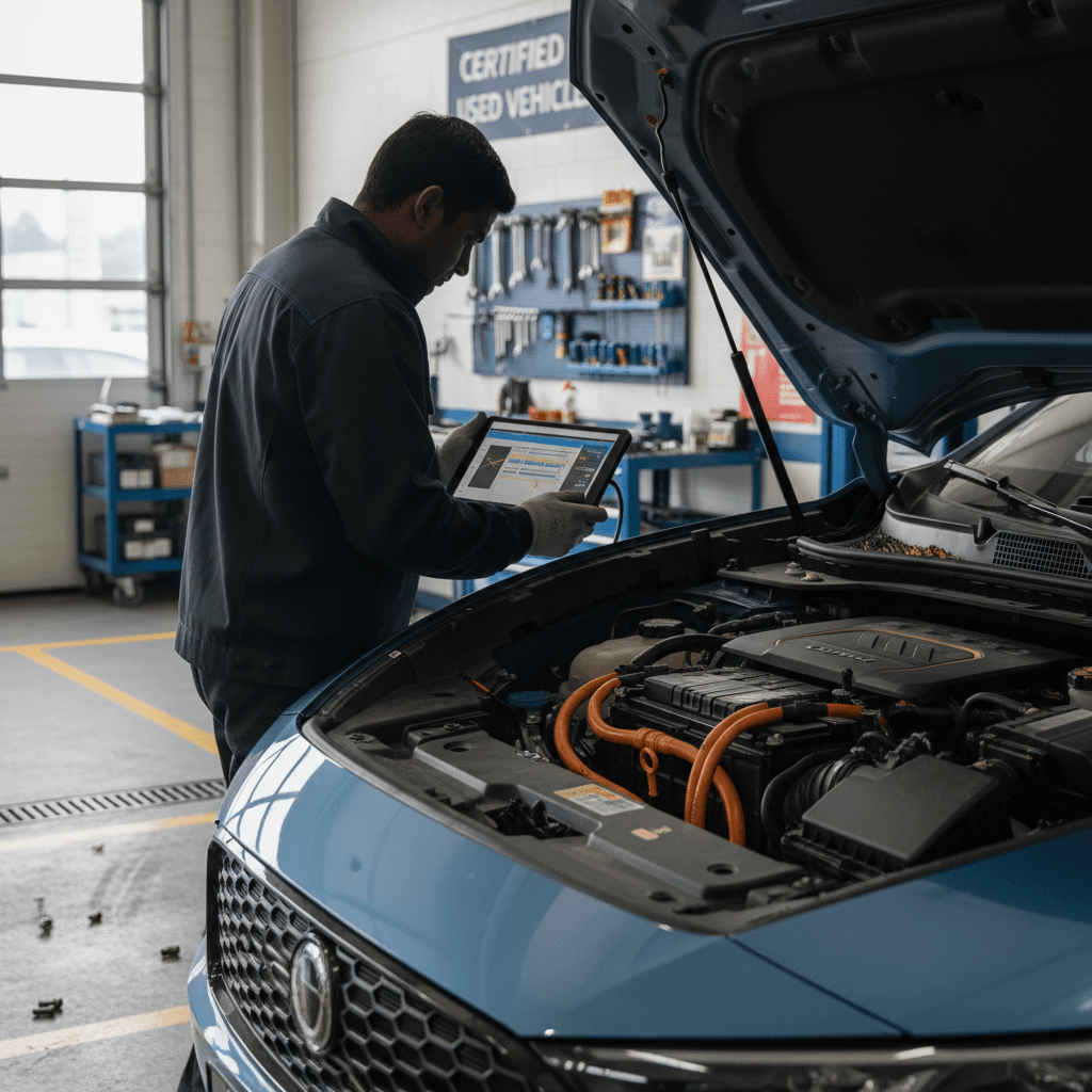 Technician using a diagnostic tablet to scan a used EV’s high voltage battery system in a service bay
