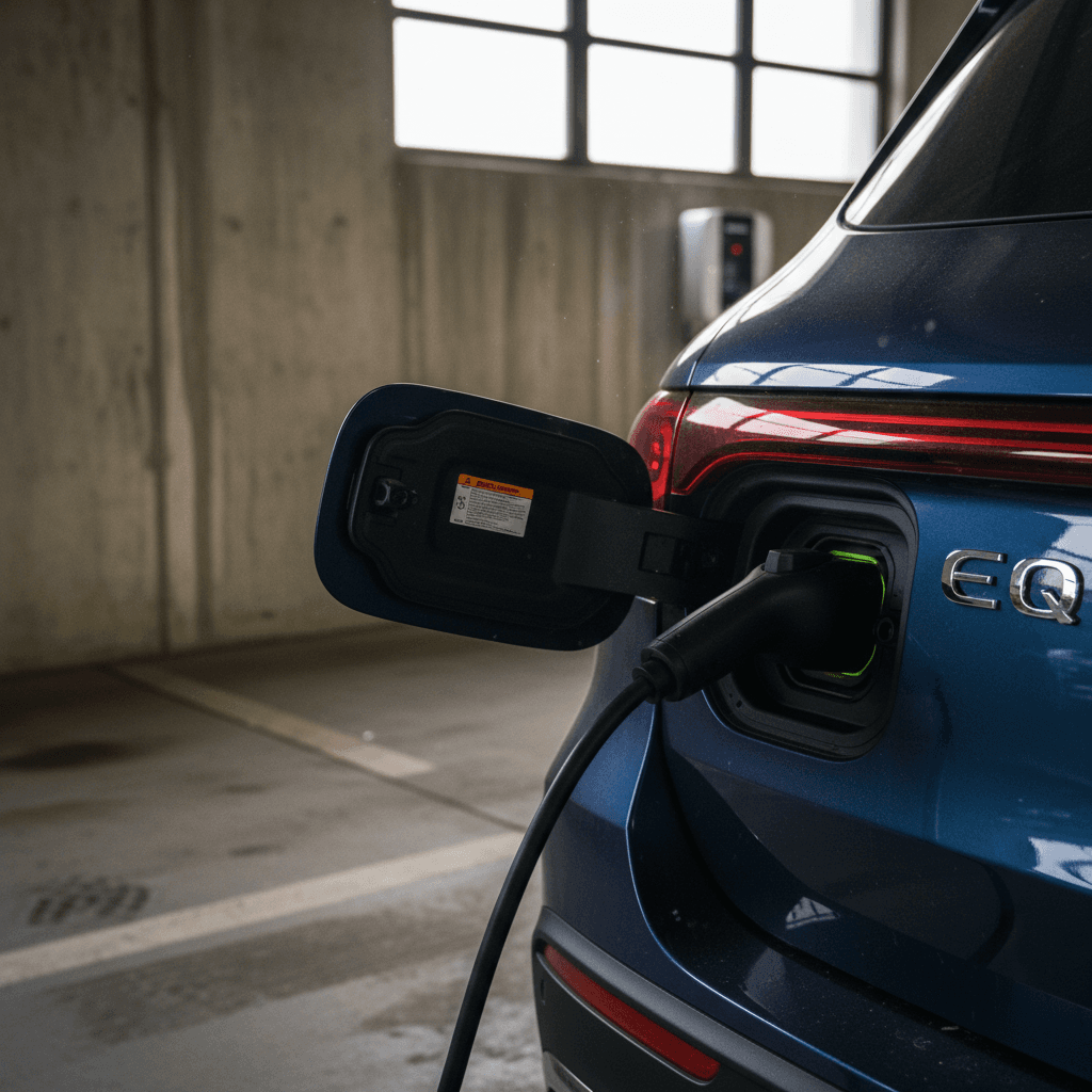 2023 Mercedes EQB plugged into a public DC fast charger during a software-limited charging session