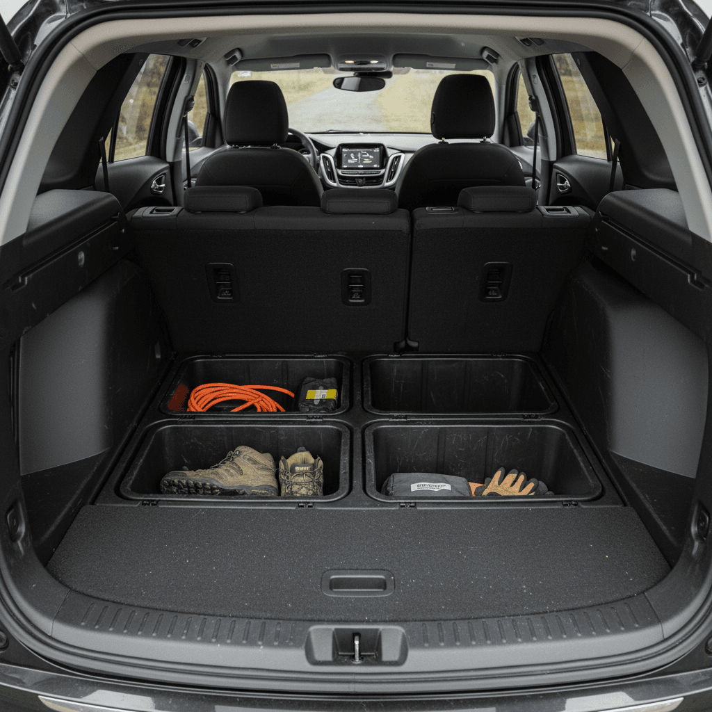 Chevrolet Equinox EV rear cargo area with seats folded flat, showing wide, low load floor and underfloor storage panel