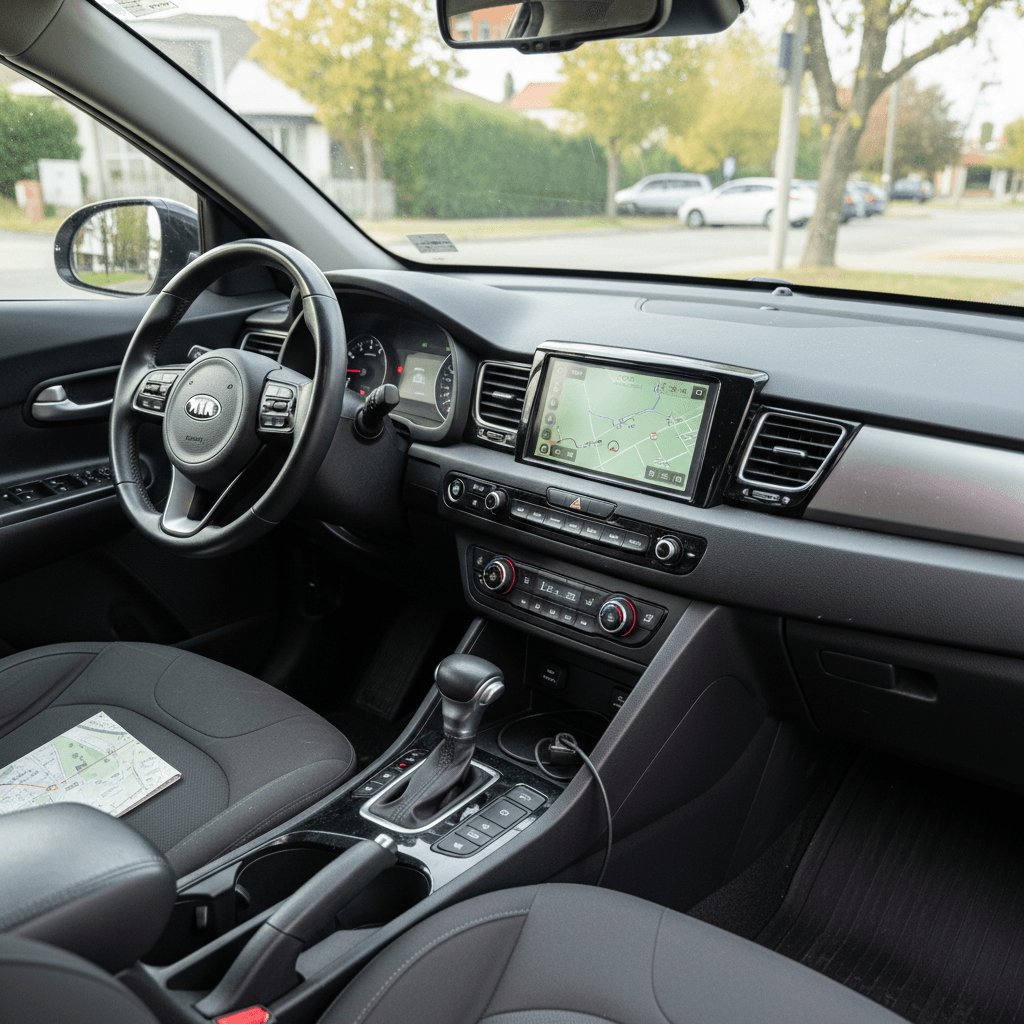 Front seats and dashboard of a modern compact electric crossover with digital instrument cluster and central touchscreen