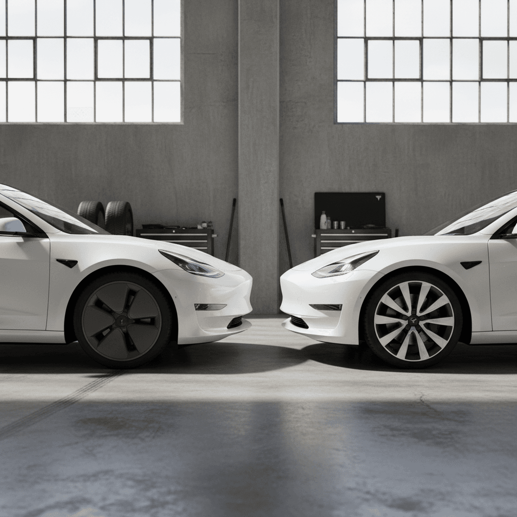Tesla Model 3 side-by-side with 18 inch aero wheels and 19 inch sport wheels highlighting visual differences