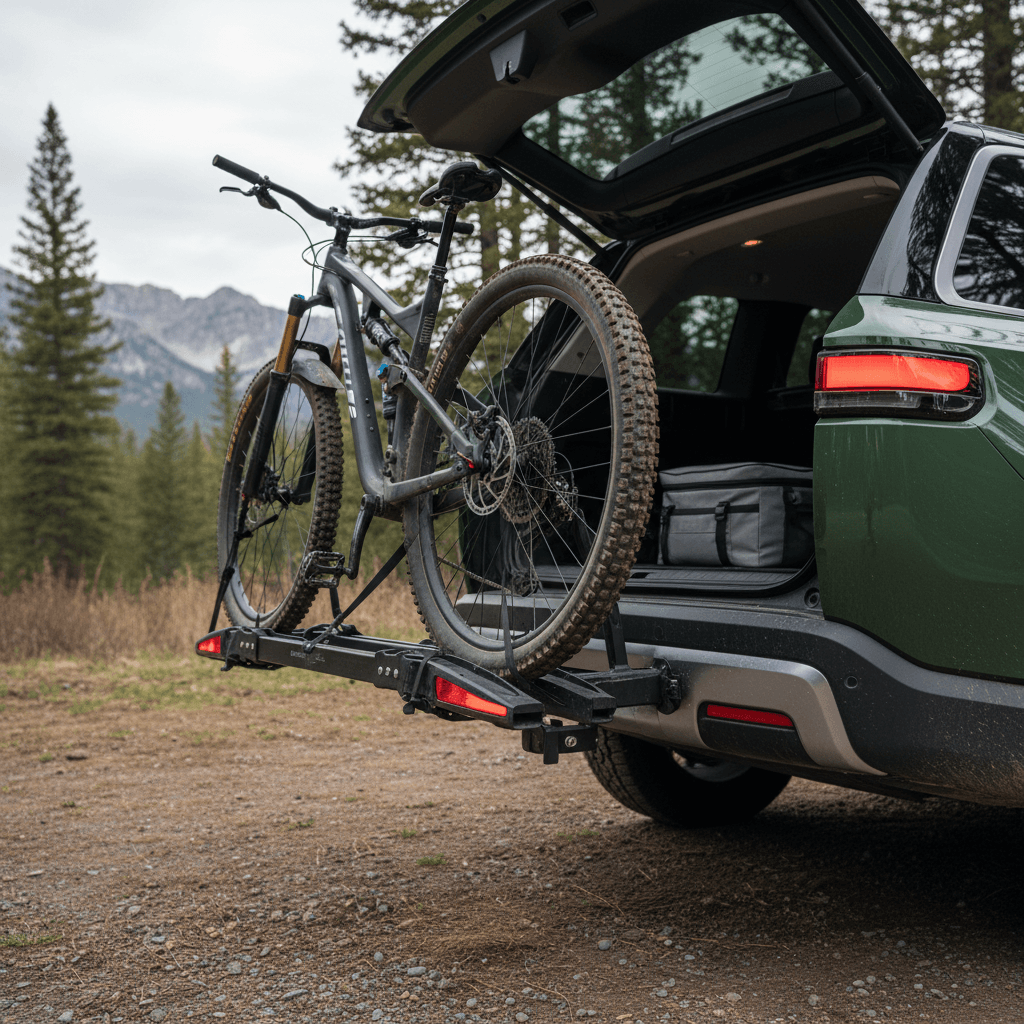 Hitch-mounted platform bike rack on a Rivian R1S showing clearance to bumper and open rear tailgate