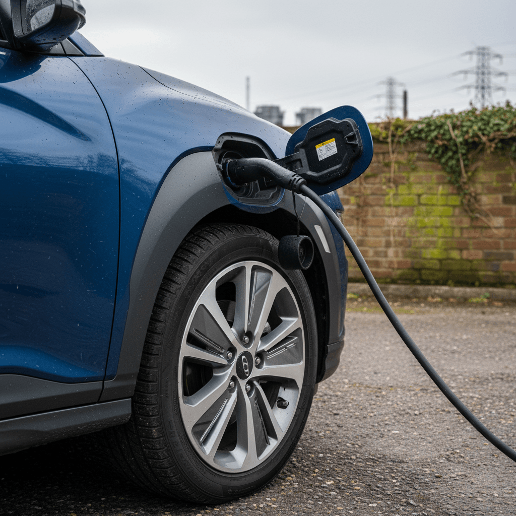 Side view of a 2022 Hyundai Kona Electric showing front wheel and charging flap open at a public charger