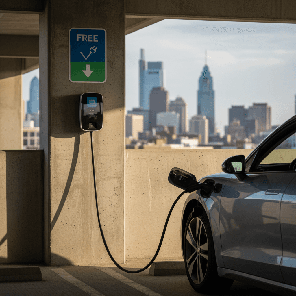 Electric vehicle plugged into a Level 2 charger in a Philadelphia parking garage that advertises free EV charging for customers