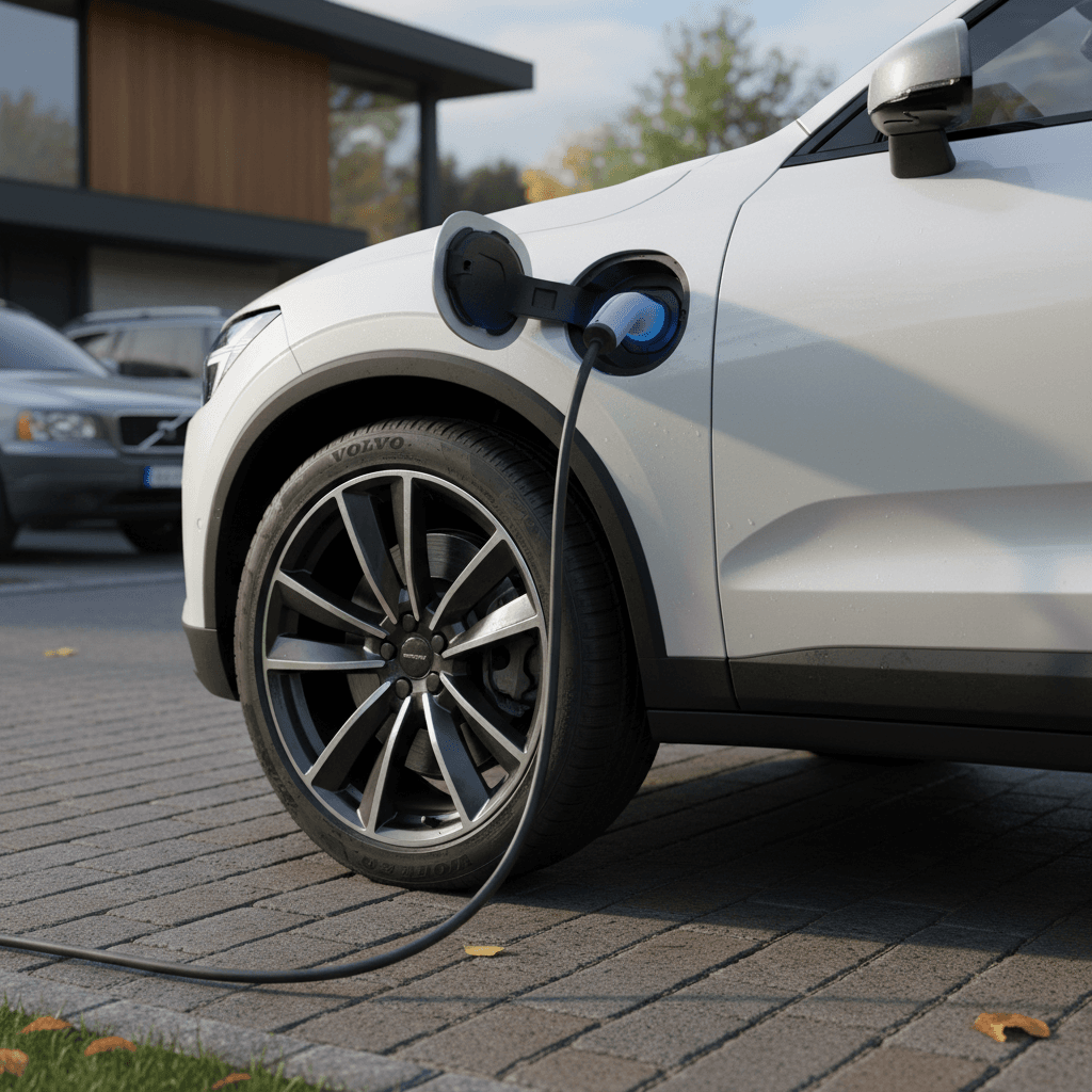 Volvo EX90 plugged into a home charger, highlighting the rear wheel and charge port