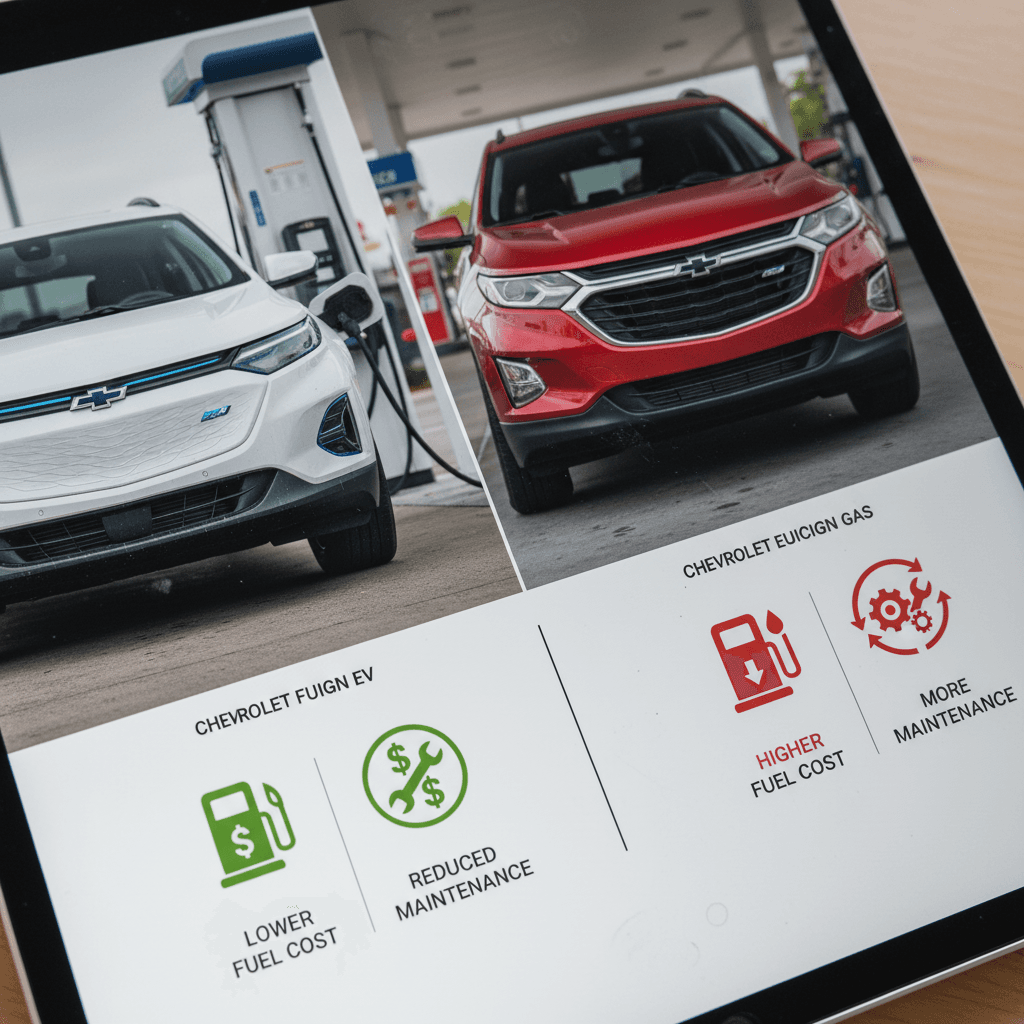 Visual comparison of Chevrolet Equinox EV versus gasoline Equinox highlighting charging plug and fuel pump icons with cost arrows