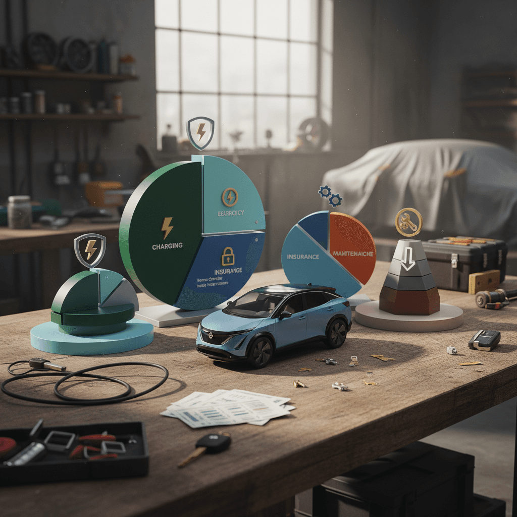 Infographic style breakdown of annual Nissan Ariya ownership costs, showing how charging, insurance, maintenance, and depreciation add up.