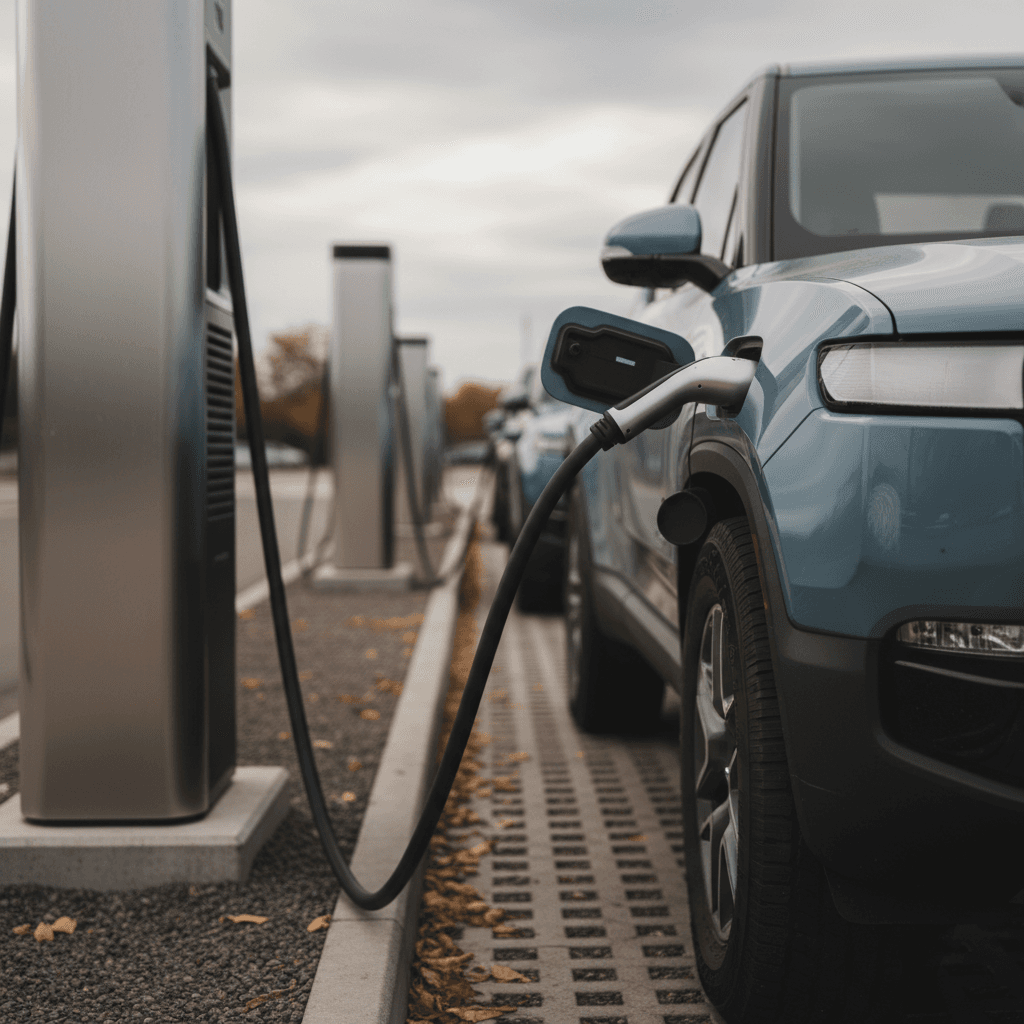 Rivian R1T plugged into a DC fast charger at a mountain highway station
