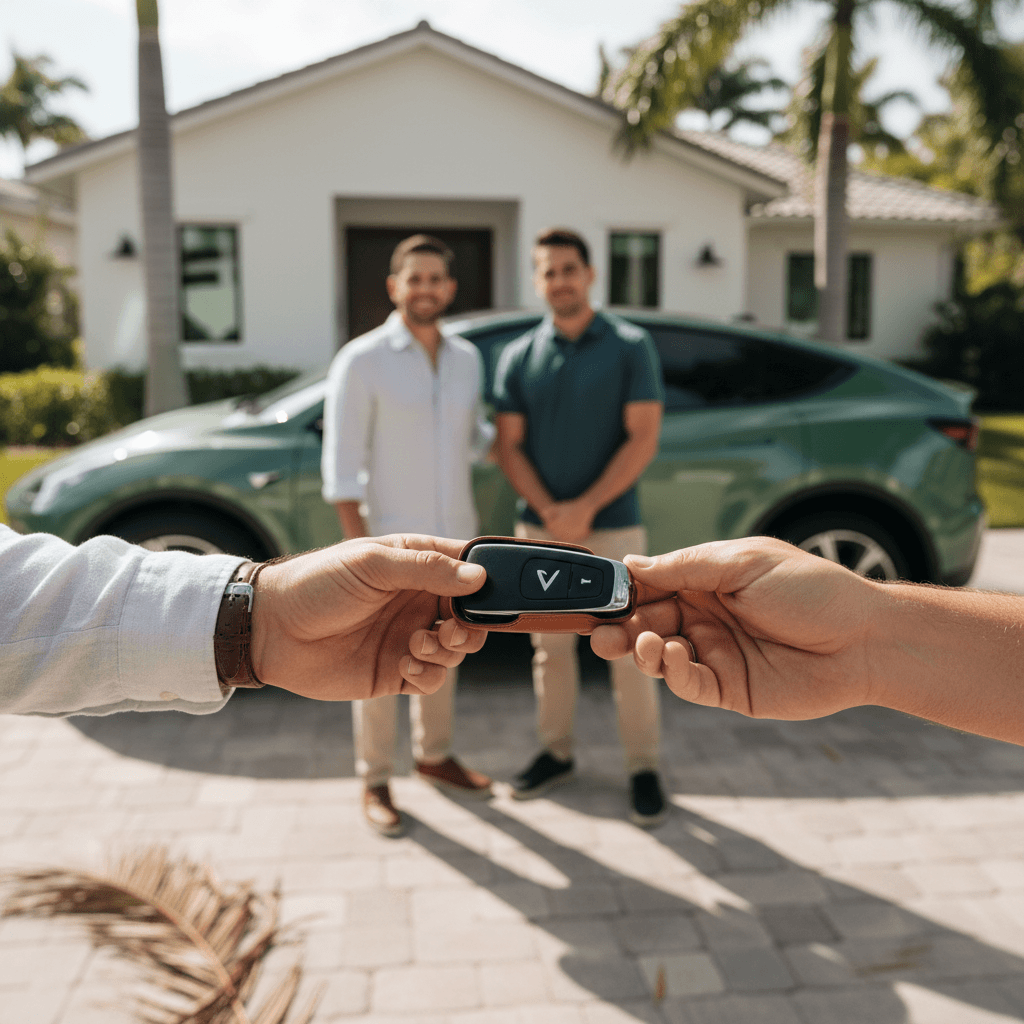 Owner handing keys to a buyer in front of an electric car and a Florida home with palm trees