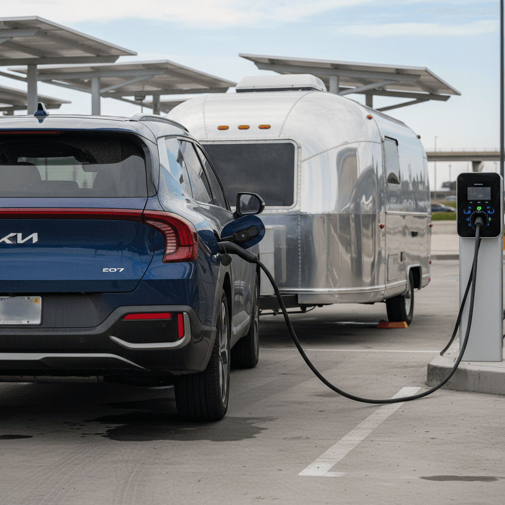 Kia EV9 towing a mid-size travel trailer while plugged into a DC fast charger