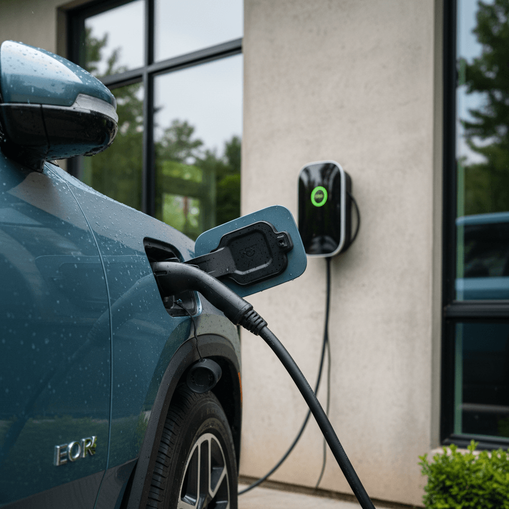 2025 Rivian R1S charging outside a modern house, highlighting real-world EV ownership