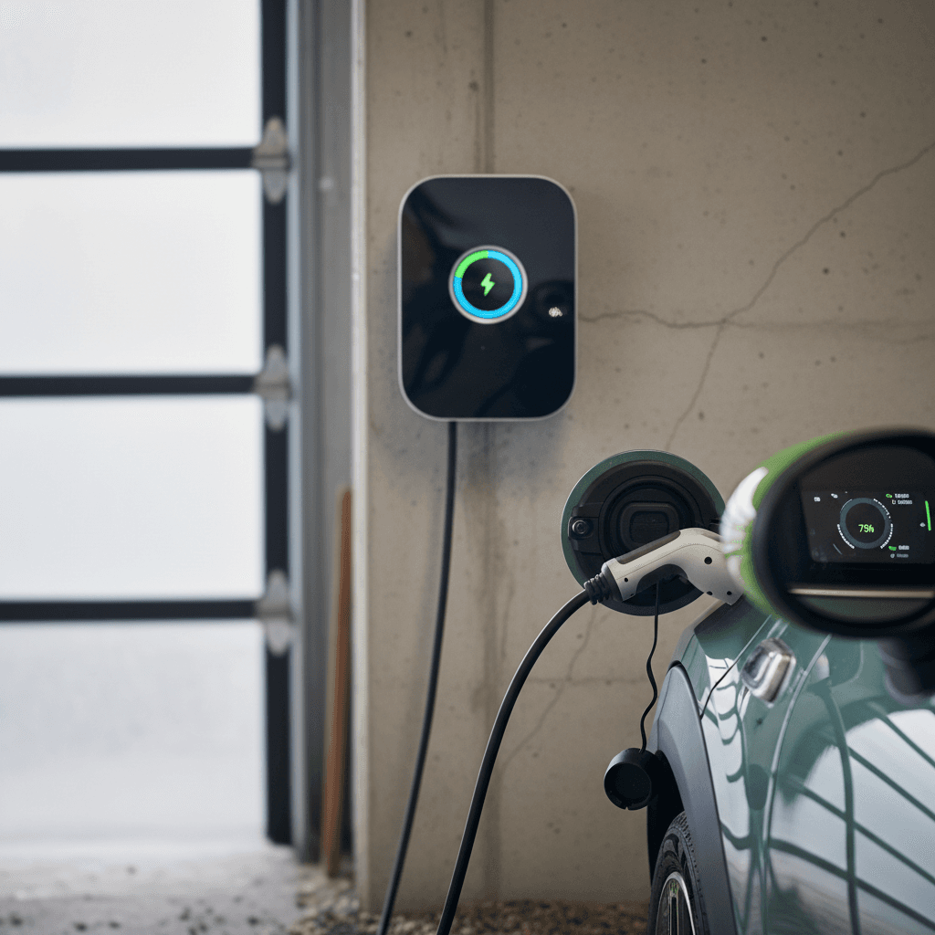 Mini Cooper SE plugged into a home Level 2 wallbox charger in a residential garage