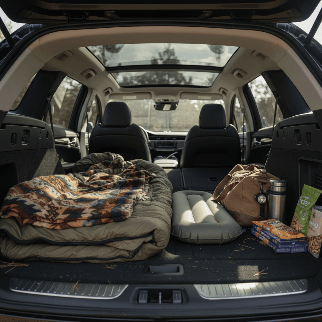 Cadillac Lyriq rear seats folded with bedding laid out to show sleeping area
