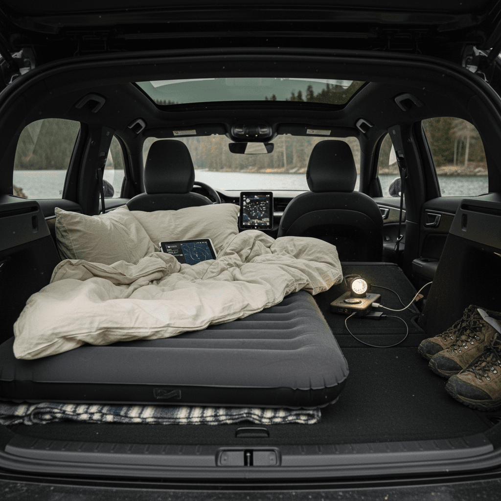 Rear seats folded in a Polestar 2 with a camping mattress laid out from the hatch toward the front seats