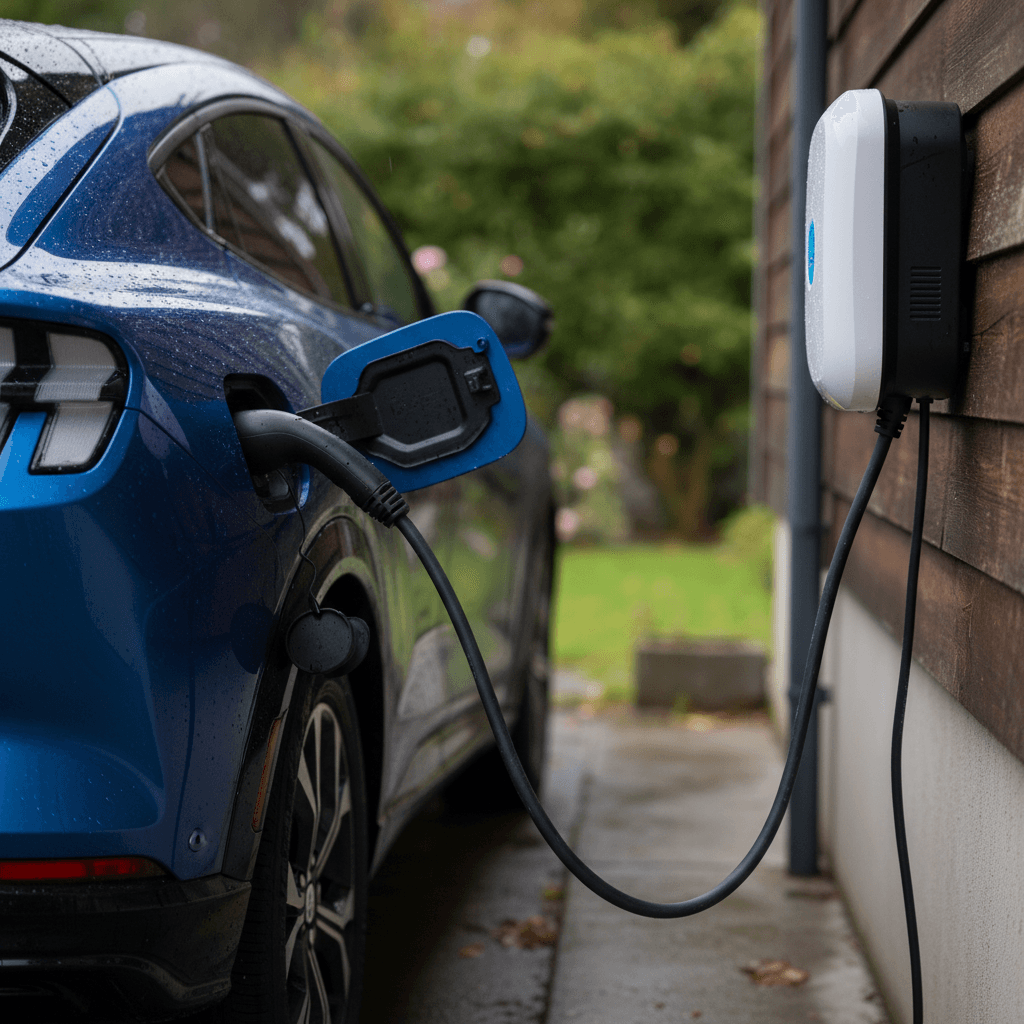 Ford Mustang Mach-E plugged into a home Level 2 charging station in a modern garage