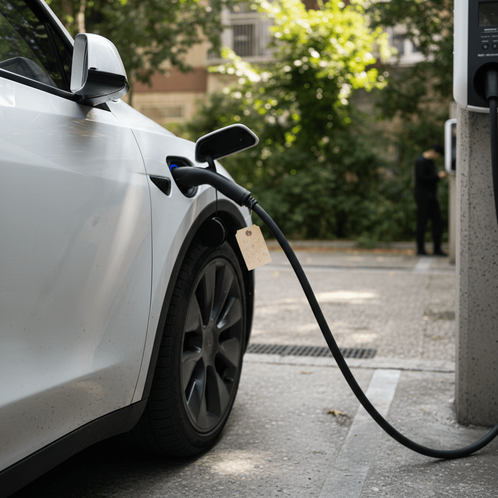 Family loading luggage into an electric SUV parked at home while plugged into a Level 2 charger