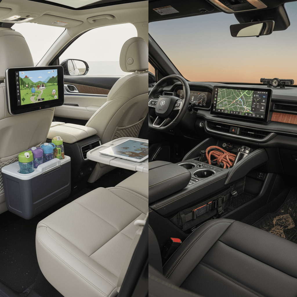 Side‑by‑side interiors of Kia EV9 and Rivian R1S showing family‑friendly layout vs adventure‑oriented cockpit