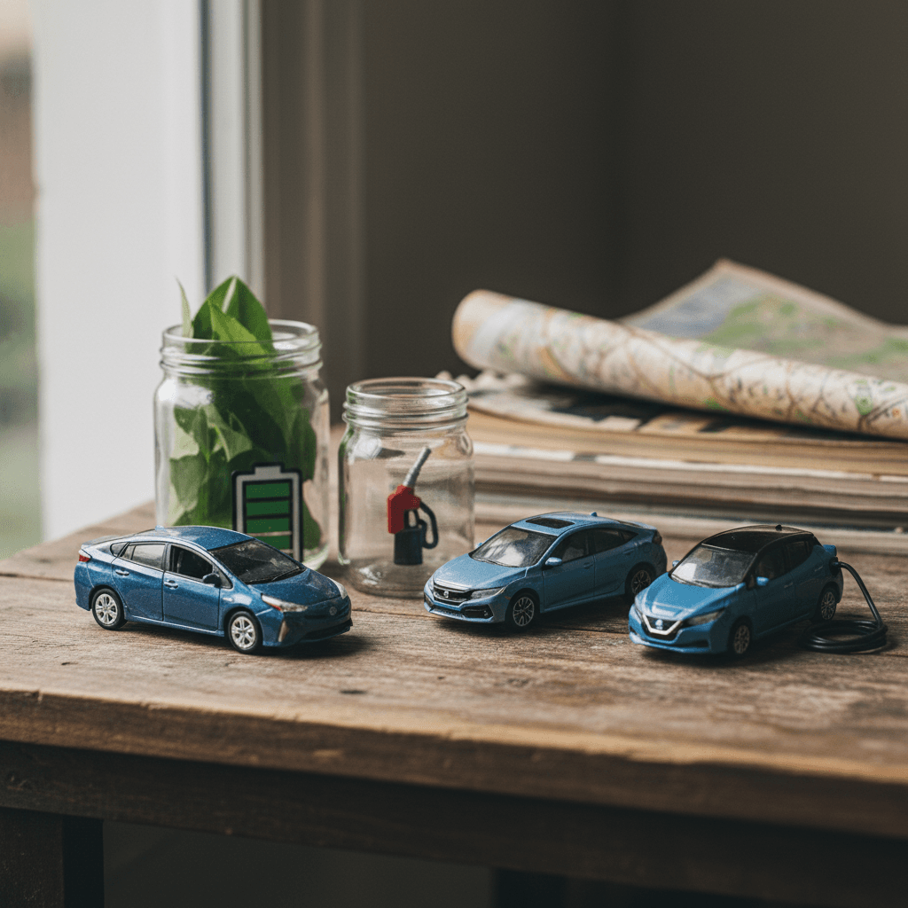 Row of compact hybrid cars parked along a city street, representing popular high-MPG used models.